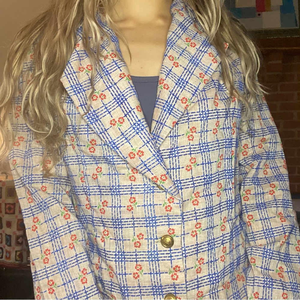 Vintage 1970s Daisy Floral Plaid 3 Button Statement Blazer Oversized Han… - Picture 3 of 15